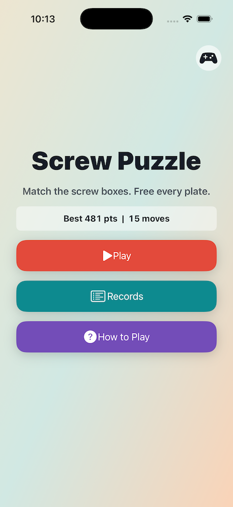 Screw Puzzle home screen with play, records, and how to play buttons